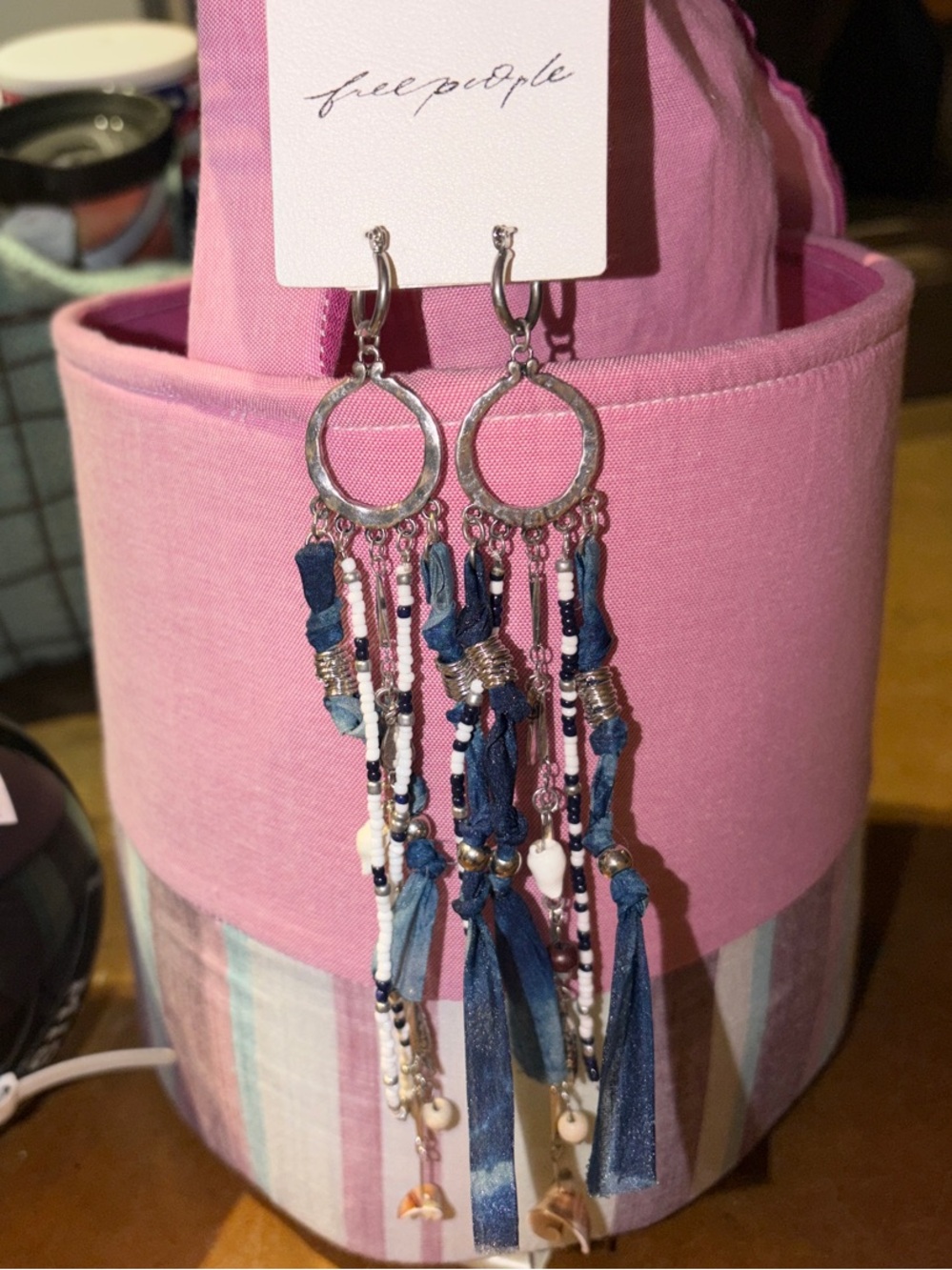 Free People Blue & Green Beaded Tassel Hoop Earrings